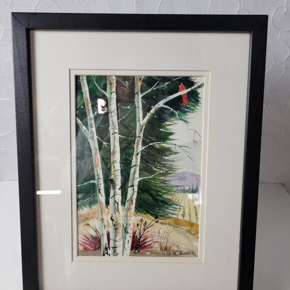 Genevieve K. Smolik Painting #941 Birches Cardinal Signed Hanging Framed Artwork - Picture 7 of 14